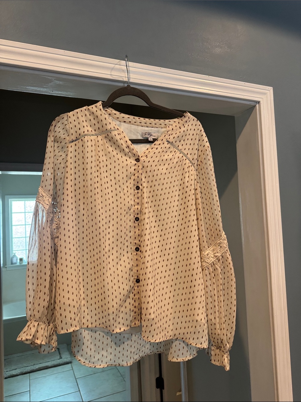 Light Cream Polka Dot Button-Front Blouse - Boho Lace Sleeve